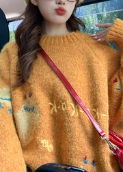 Style Orange O Neck Character Knit Sweater Tops Fall