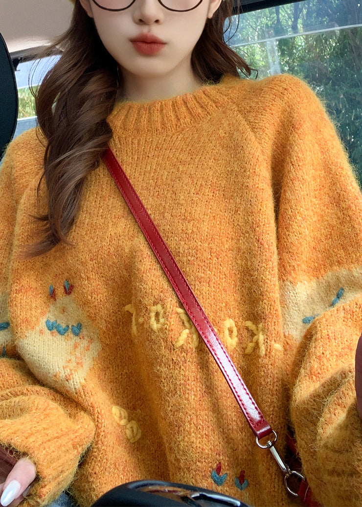 Style Orange O Neck Character Knit Sweater Tops Fall