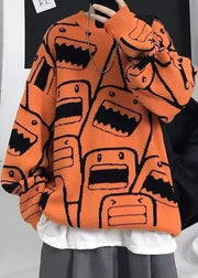 Style Orange O Neck Thick Print Knit Men Sweater Tops Winter