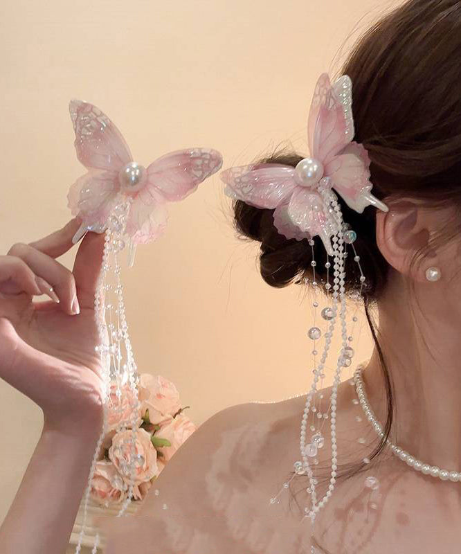 Style Pink Acrylic Pearl Beads Tulle Butterfly Tassel Hairpin