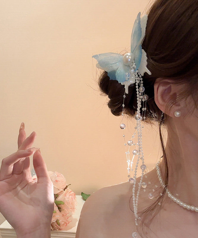 Style Pink Acrylic Pearl Beads Tulle Butterfly Tassel Hairpin