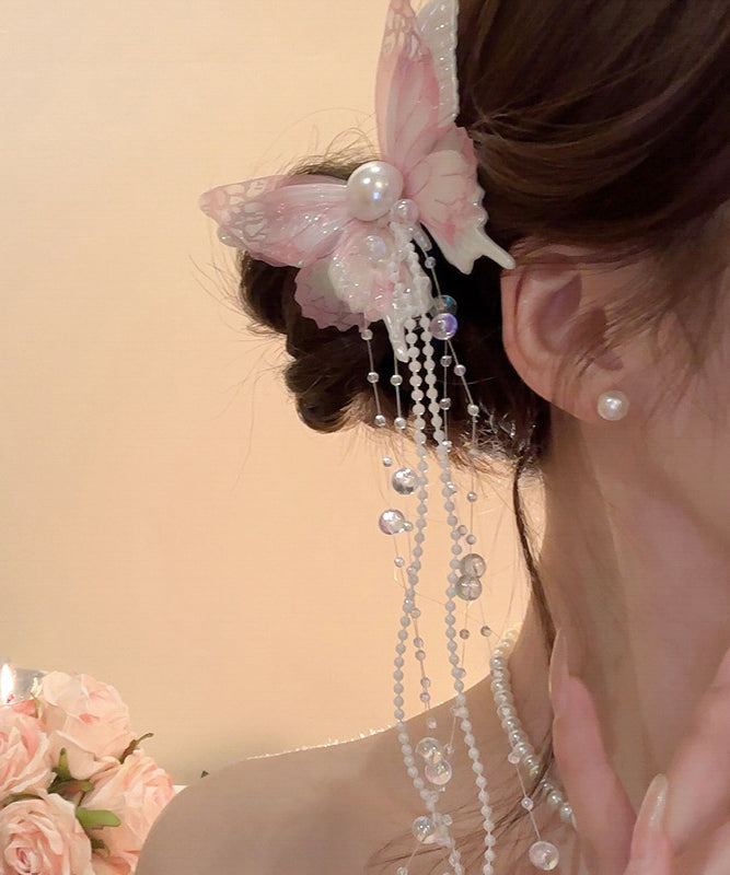 Style Pink Acrylic Pearl Beads Tulle Butterfly Tassel Hairpin