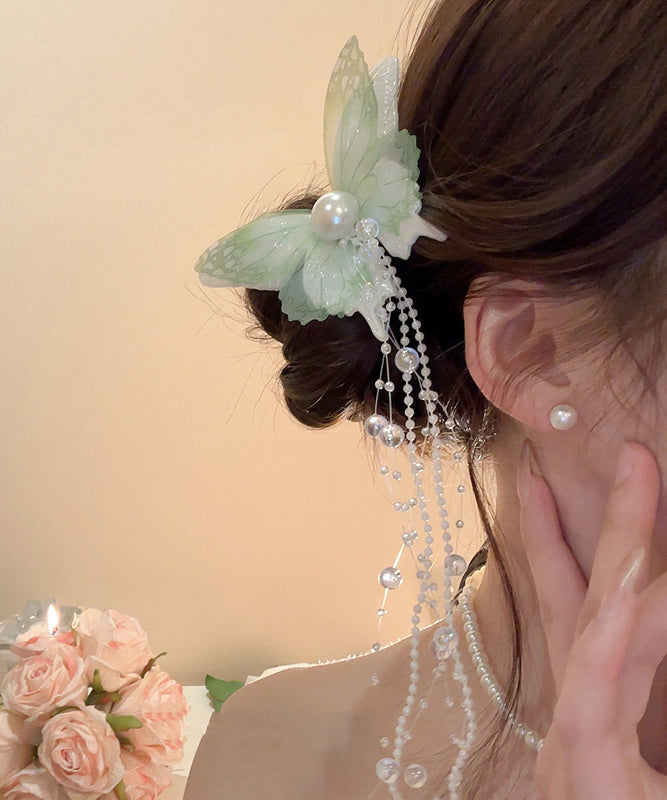 Style Pink Acrylic Pearl Beads Tulle Butterfly Tassel Hairpin
