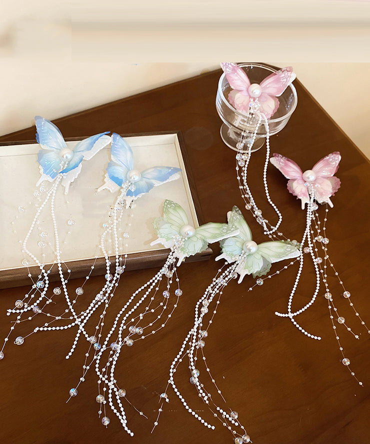 Style Pink Acrylic Pearl Beads Tulle Butterfly Tassel Hairpin