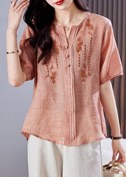 Style Pink Embroidered Linen Shirt Top Summer