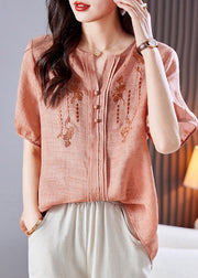 Style Pink Embroidered Linen Shirt Top Summer