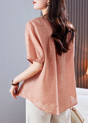 Style Pink Embroidered Linen Shirt Top Summer