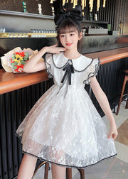 Style Pink O-Neck Bow Patchwork Tulle Kids Maxi Gowns Dress Summer