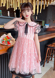 Style Pink O-Neck Bow Patchwork Tulle Kids Maxi Gowns Dress Summer
