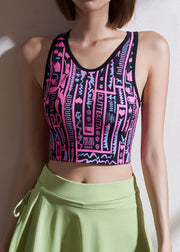 Style Pink O-Neck Print Fitting Workout Tops