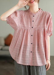 Style Pink Ruffled Wrinkled Cotton Shirt Summer