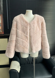 Style Pink V Neck Striped Leather And Fur Coats Winter