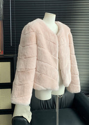 Style Pink V Neck Striped Leather And Fur Coats Winter