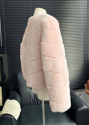 Style Pink V Neck Striped Leather And Fur Coats Winter