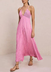 Style Pink V Neck Wrinkled Cotton Spaghetti Strap Dress Summer