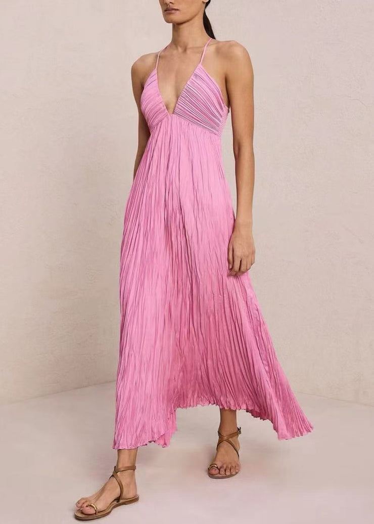 Style Pink V Neck Wrinkled Cotton Spaghetti Strap Dress Summer
