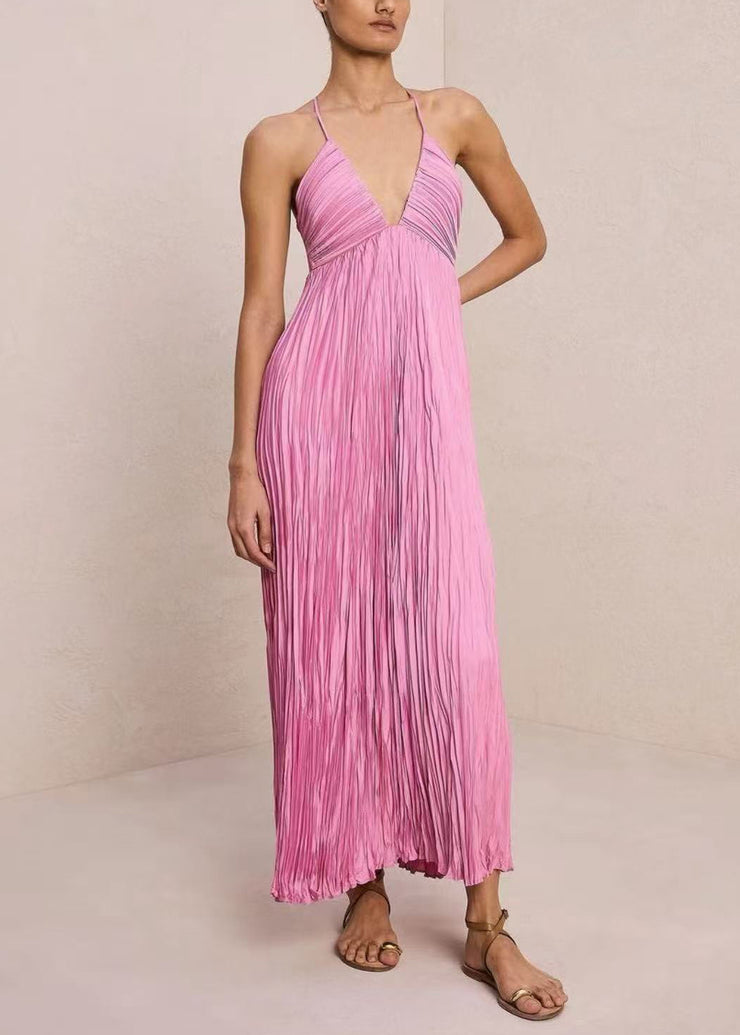 Style Pink V Neck Wrinkled Cotton Spaghetti Strap Dress Summer