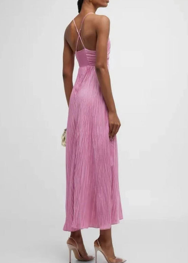 Style Pink V Neck Wrinkled Cotton Spaghetti Strap Dress Summer