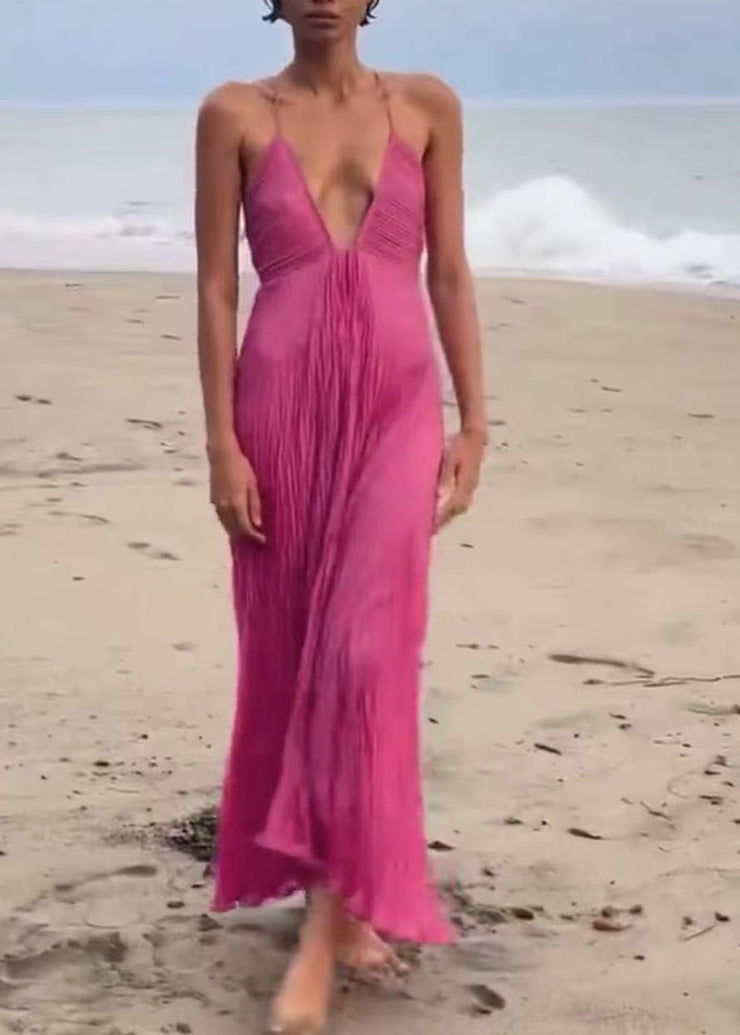 Style Pink V Neck Wrinkled Cotton Spaghetti Strap Dress Summer