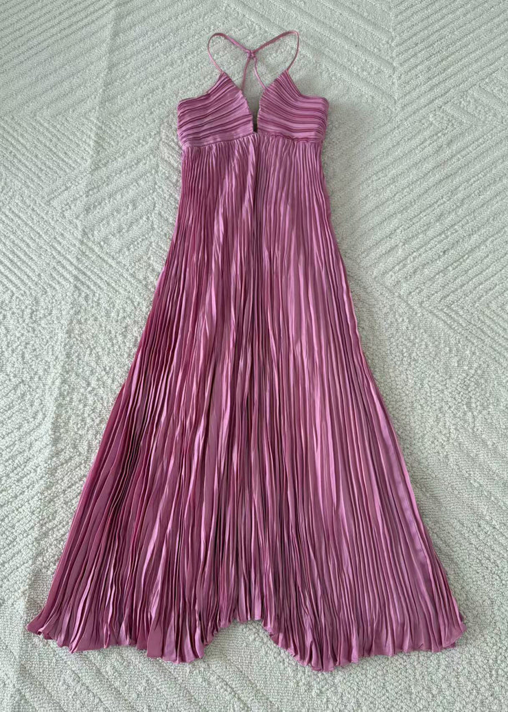 Style Pink V Neck Wrinkled Cotton Spaghetti Strap Dress Summer