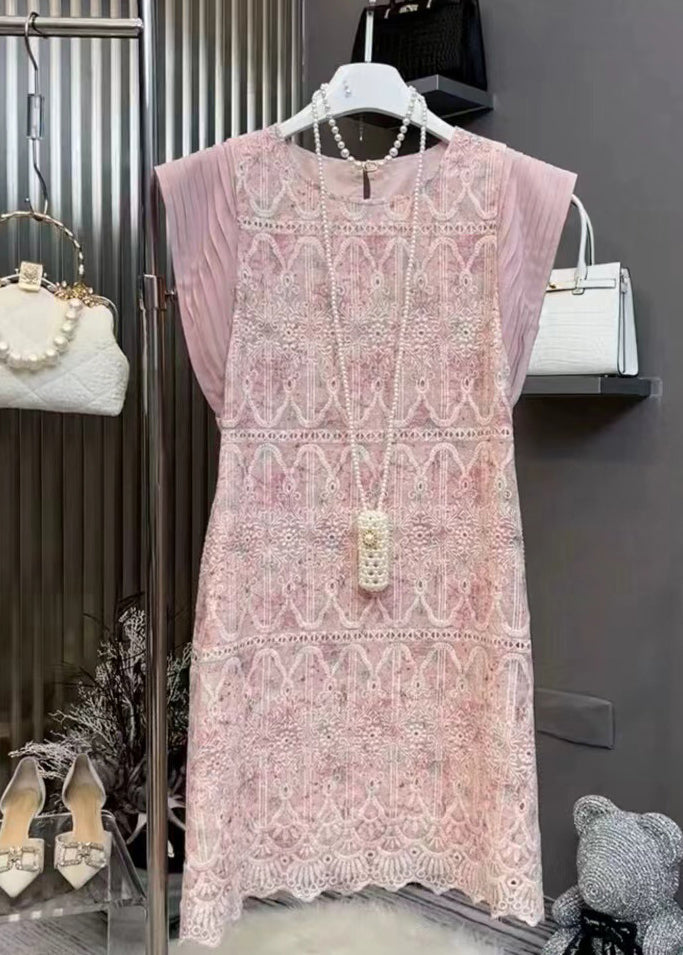 Style Pink Wrinkled Patchwork Lace Mini Dresses Summer