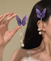 Style Purple Alloy Zircon Butterfly Pearl Tassel Hairpin