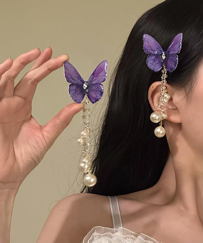 Style Purple Alloy Zircon Butterfly Pearl Tassel Hairpin