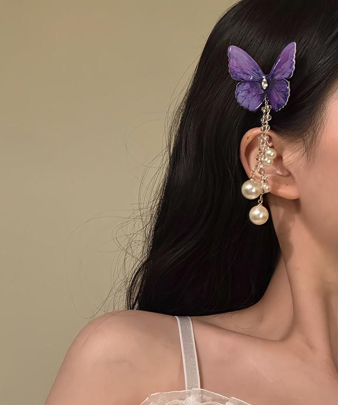 Style Purple Alloy Zircon Butterfly Pearl Tassel Hairpin