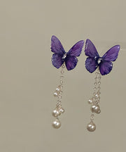 Style Purple Alloy Zircon Butterfly Pearl Tassel Hairpin