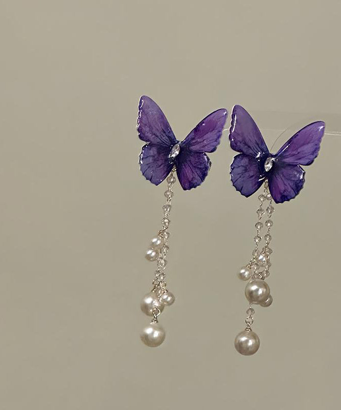Style Purple Alloy Zircon Butterfly Pearl Tassel Hairpin