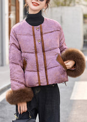 Style Purple Jacquard Patchwork Fox Fur Duck Down Puffer Coat Winter