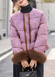 Style Purple Jacquard Patchwork Fox Fur Duck Down Puffer Coat Winter