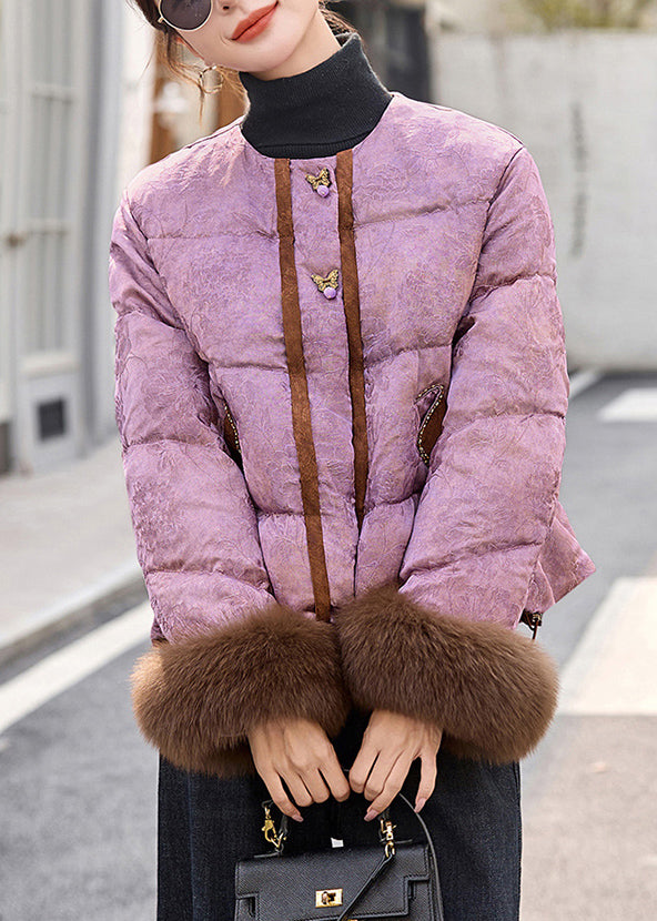 Style Purple Jacquard Patchwork Fox Fur Duck Down Puffer Coat Winter