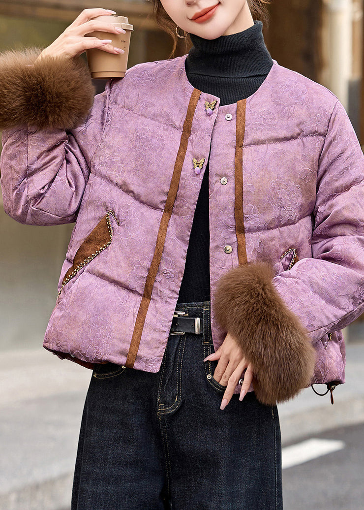 Style Purple Jacquard Patchwork Fox Fur Duck Down Puffer Coat Winter