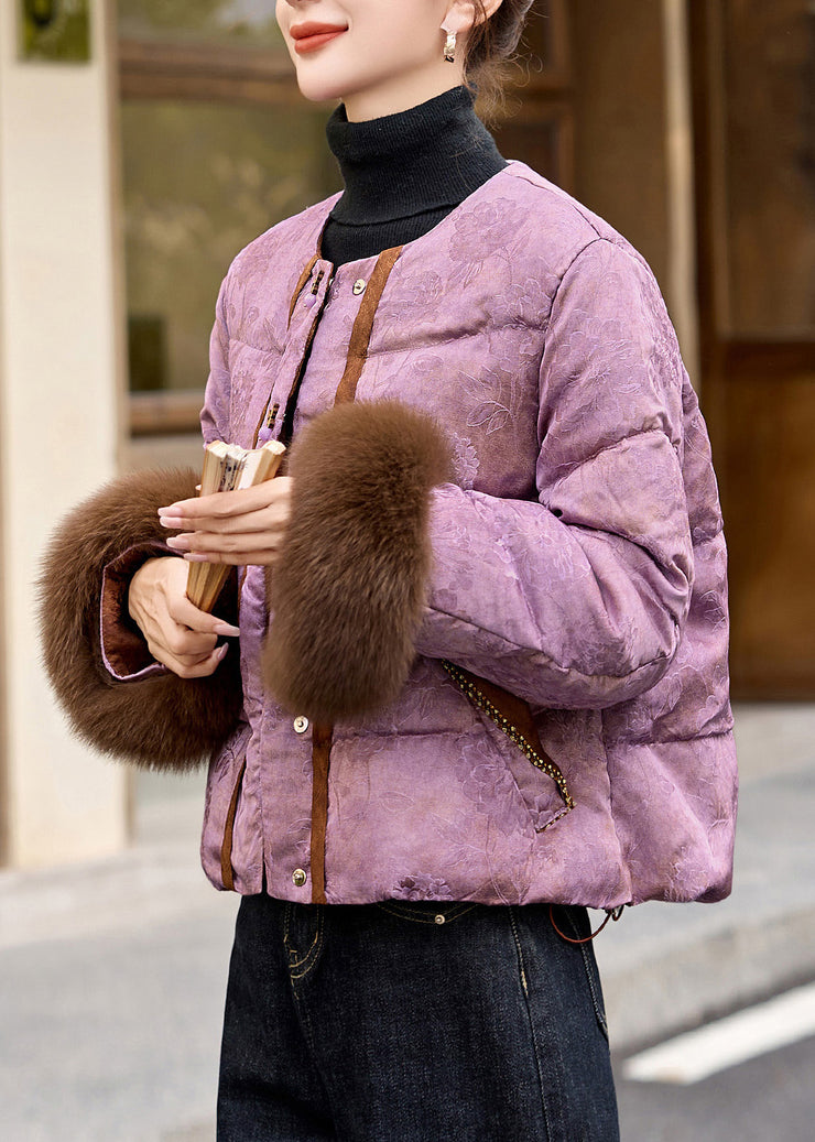 Style Purple Jacquard Patchwork Fox Fur Duck Down Puffer Coat Winter