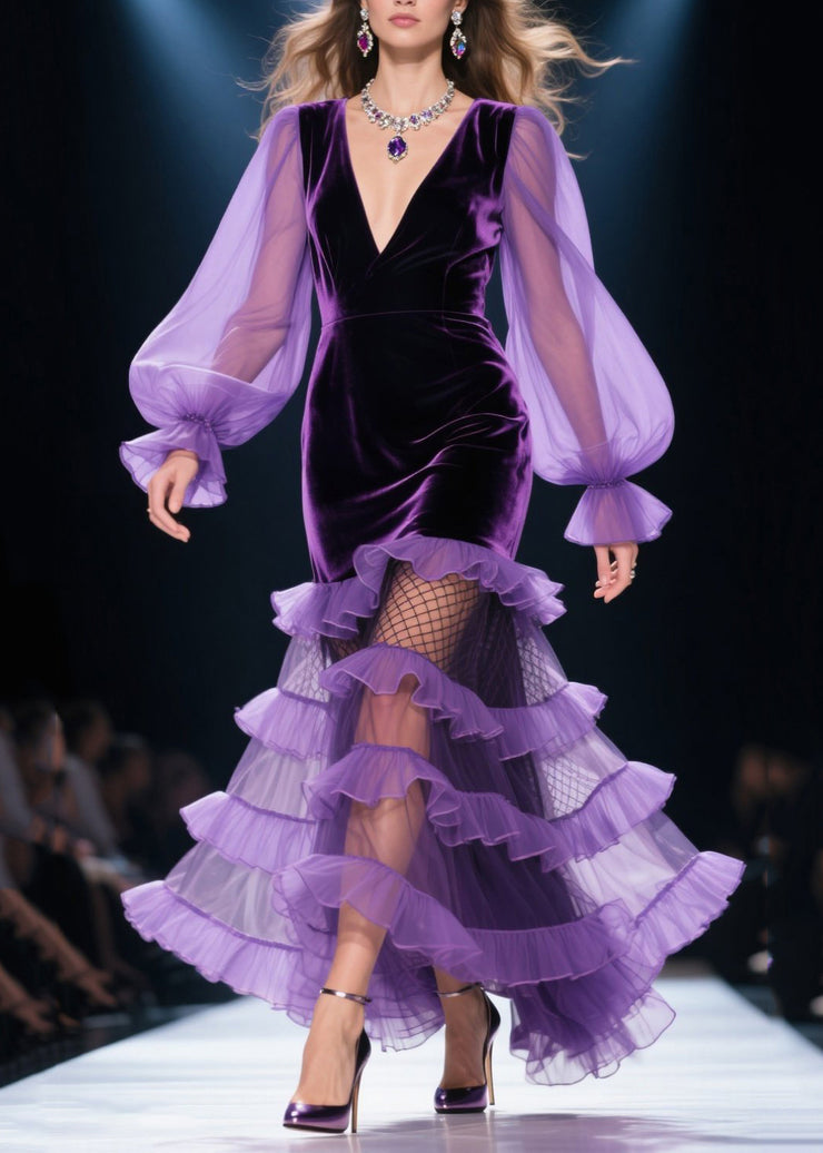 Style Purple Layered Ruffled Patchwork Silk Velvet Party Dresses Spring