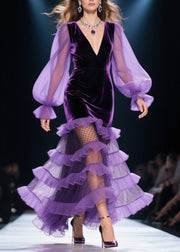 Style Purple Layered Ruffled Patchwork Silk Velvet Party Dresses Spring