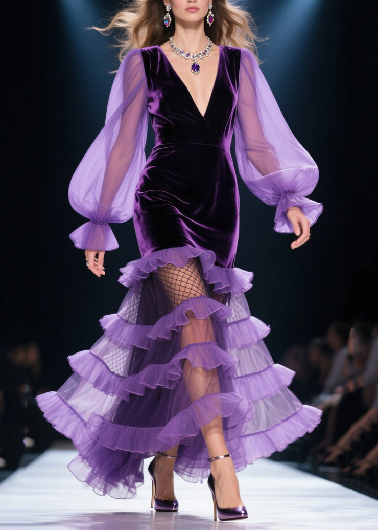 Style Purple Layered Ruffled Patchwork Silk Velvet Party Dresses Spring