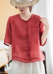 Style Purple Oversized Patchwork Linen Blouse Tops Half Sleeve