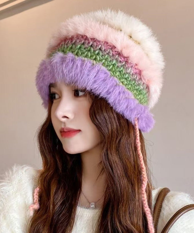 Style Purple Rabbit Knit Patchwork Bucket Hat