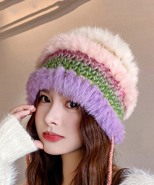 Style Purple Rabbit Knit Patchwork Bucket Hat