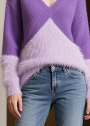 Style Purple V Neck Patchwork Faux Fur Sweaters Winter