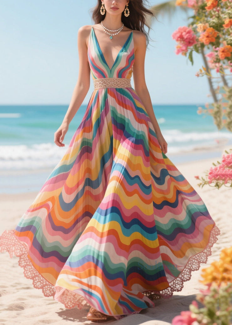 Style Rainbow Cinched Exra Large Hem Chiffon Beach Dress Summer