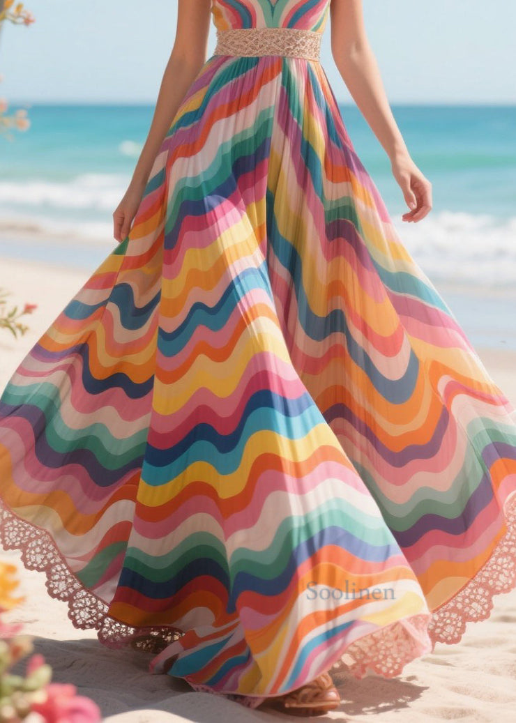 Style Rainbow Cinched Exra Large Hem Chiffon Beach Dress Summer