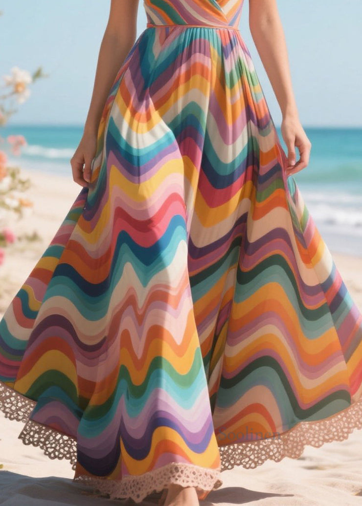 Style Rainbow Patchwork Exra Large Hem Chiffon Holiday Dress Summer
