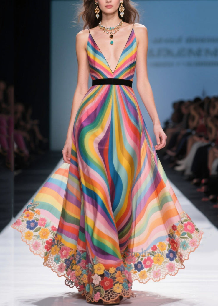 Style Rainbow V Neck Patchwork Flower Chiffon Sundress Summer