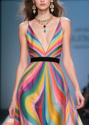 Style Rainbow V Neck Patchwork Flower Chiffon Sundress Summer