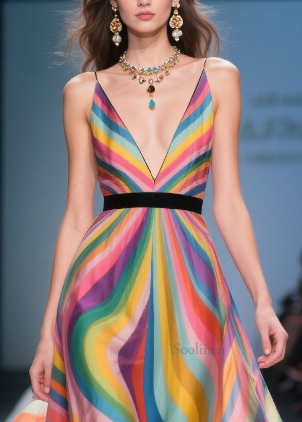 Style Rainbow V Neck Patchwork Flower Chiffon Sundress Summer