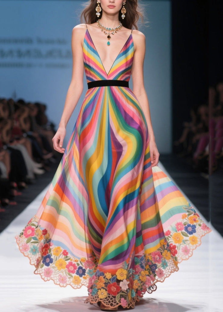 Style Rainbow V Neck Patchwork Flower Chiffon Sundress Summer