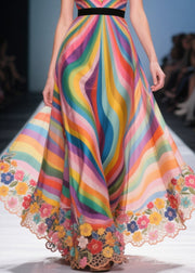 Style Rainbow V Neck Patchwork Flower Chiffon Sundress Summer